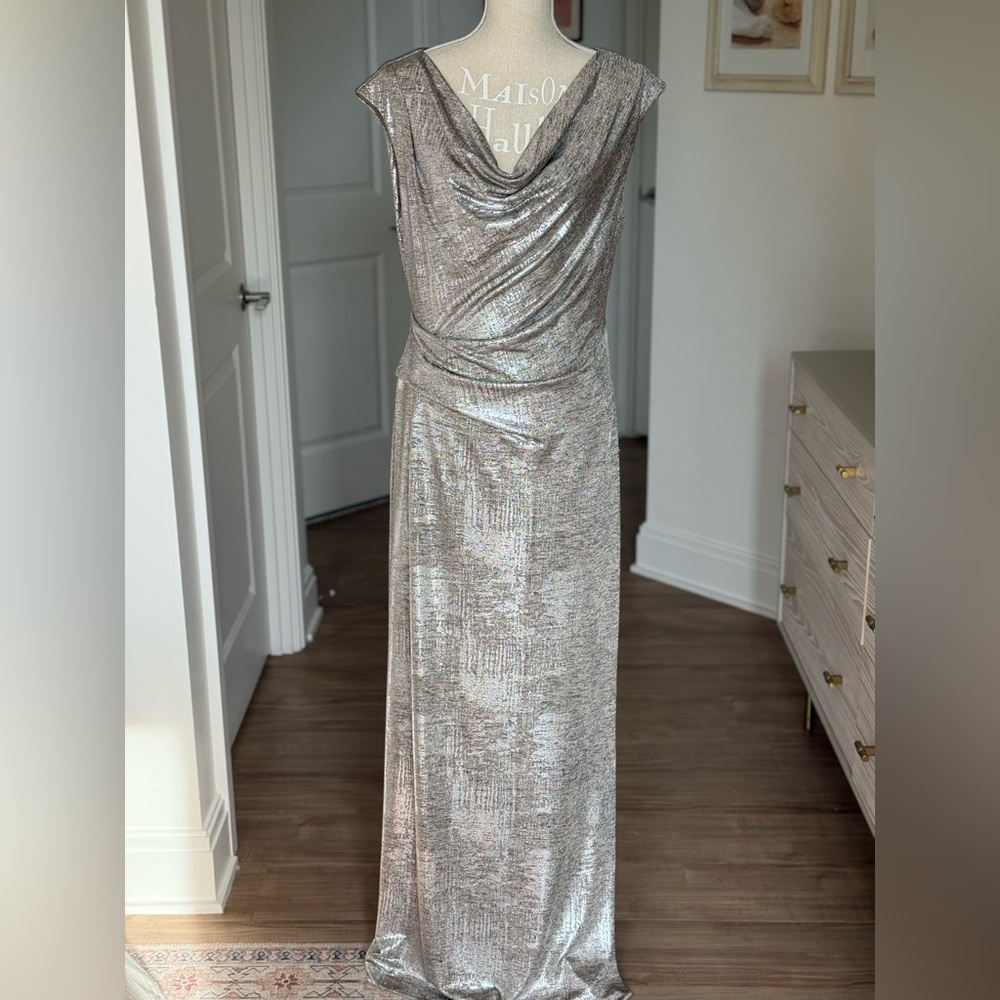 Connected Apparel Metallic Silver Backless Dress